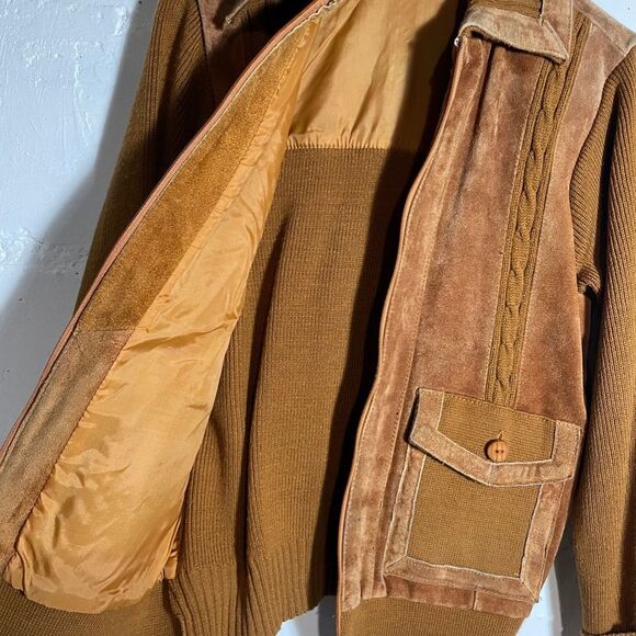 Vintage Suede Knit Jacket M 70s Orange Brown Cowhide Full Zip Retro Ricky Style - Picture 6 of 14